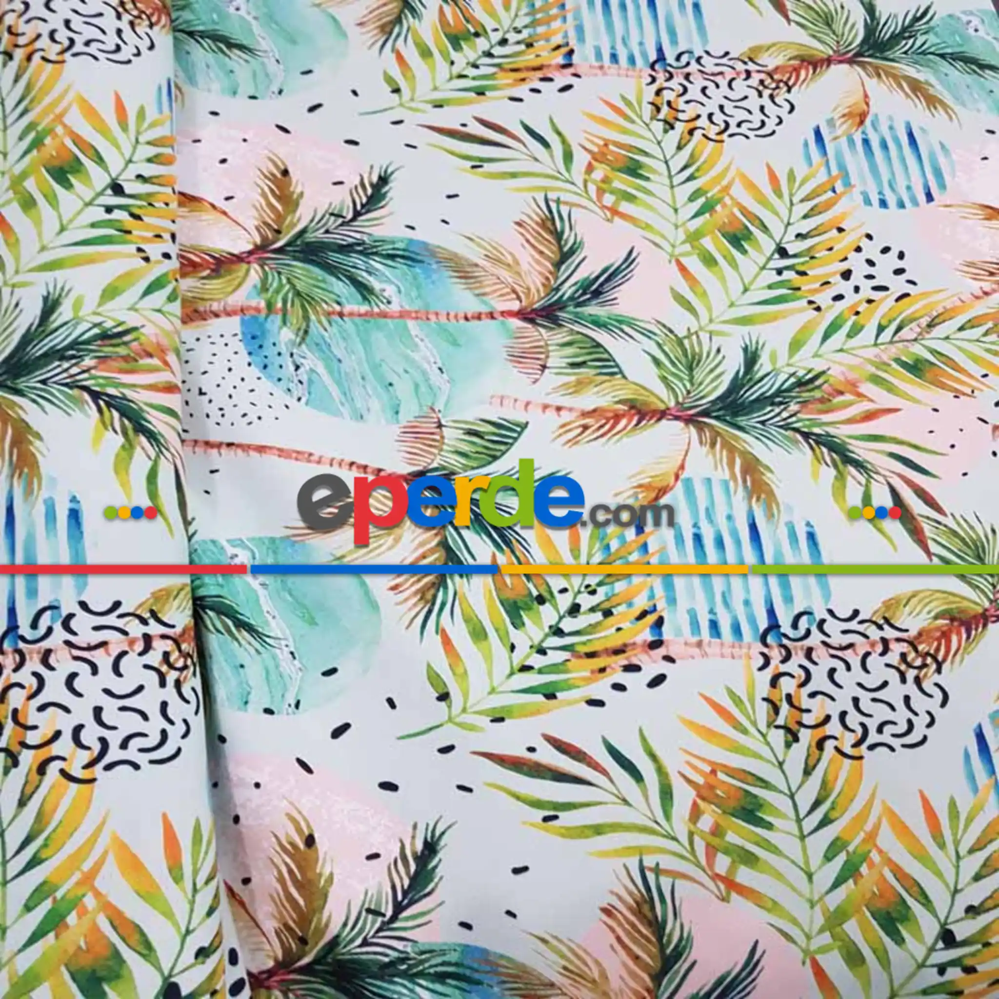 Tropikal Desenli Fon Perde K583 T - Kumaşı Kalındır Duck Bezi Değildir.- Yeşil-Beyaz-Turkuaz-Çok Renkli