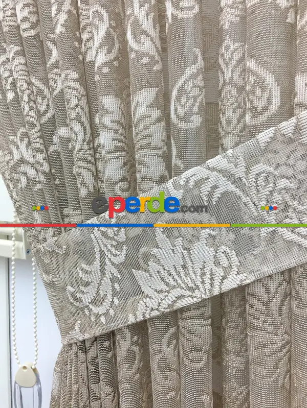 Dantel Damask Desen Tül Fon Perde - Bej- Bej