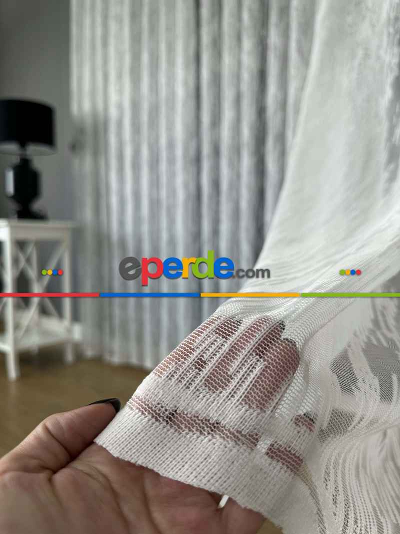Yatak Odası Ekru Çizgili Modern Desen Örme Tül Perde