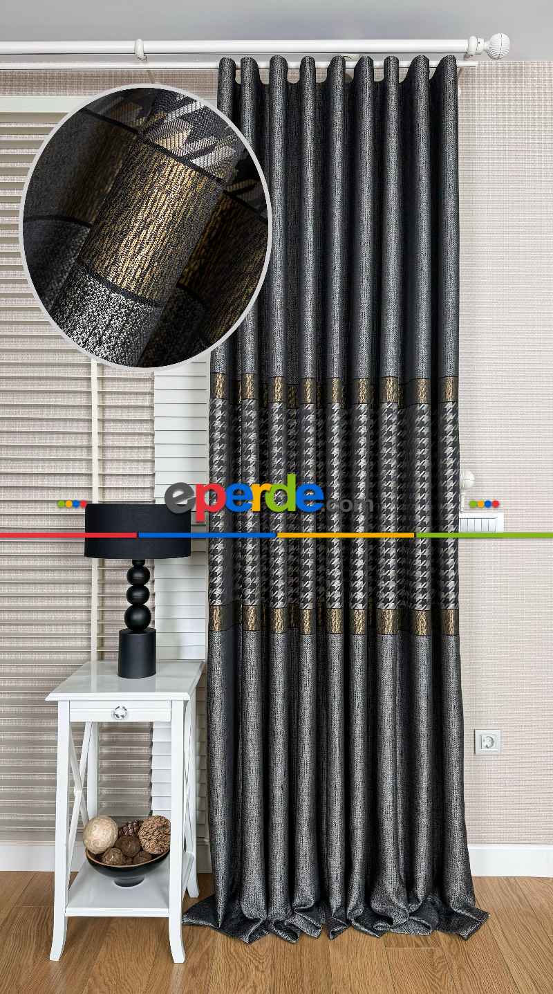 Antrasit Gri Altın Fon Perde, Pano Kazayağı Desenli Jakar Dokuma Fon Perde