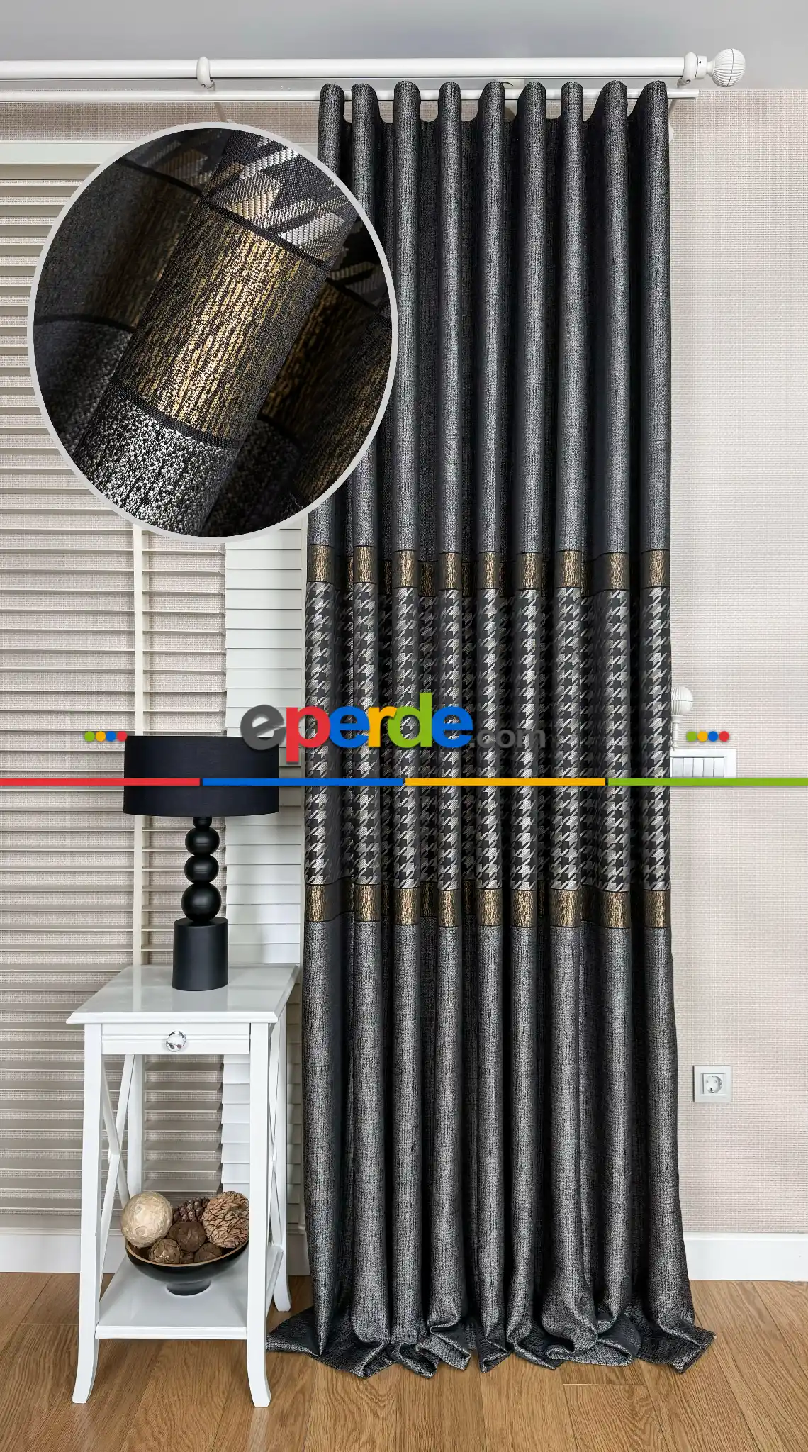 Antrasit Gri Altın Fon Perde, Pano Kazayağı Desenli Jakar Dokuma Fon Perde