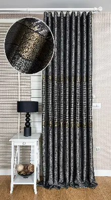 Antrasit Gri Altın Fon Perde, Pano Kazayağı Desenli Jakar Dokuma Fon Perde