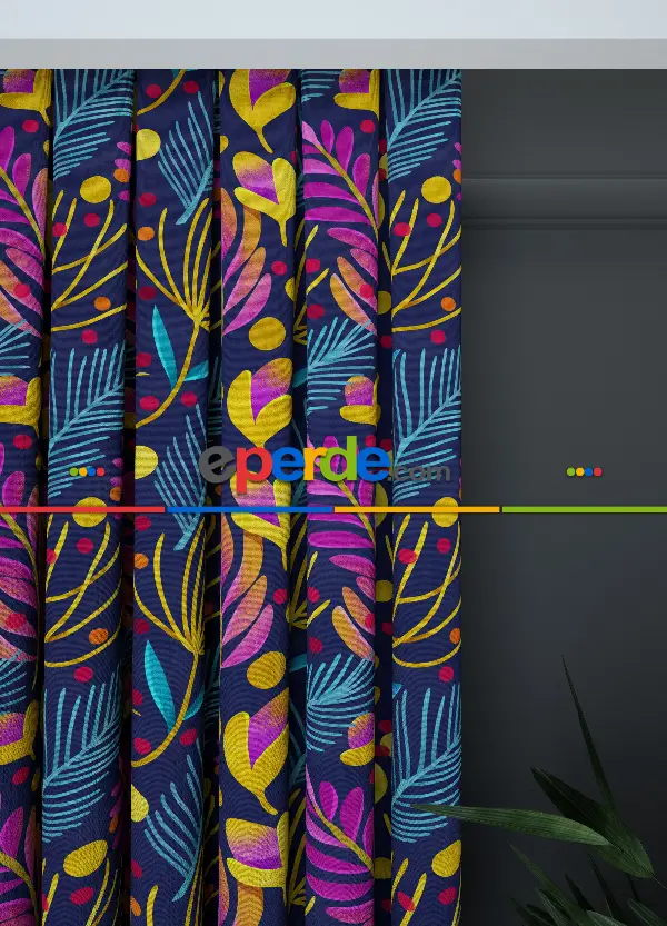 Dökümlü Kumaştan Salon - Geniş En Lacivert Zemin Yaprak Desen Perde 1. Kalite