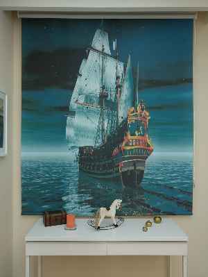 Gemi Desenli Dijital Baskılı Stor Perde- Turkuaz-Antrasit