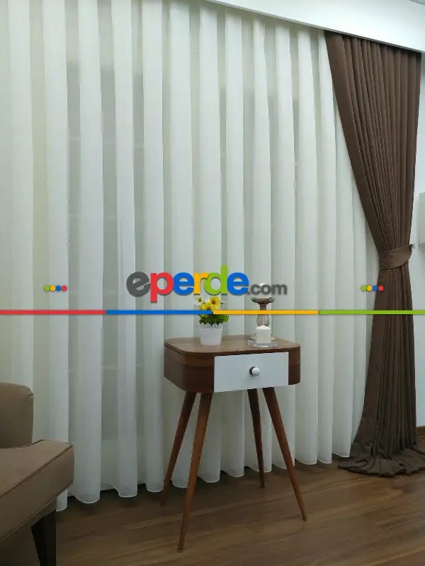 Salon Tül Perde - Koyu Krem - Keten Tül Perde- Krem Açık