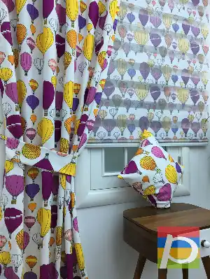 Balonlar Desenli Fon Perde ( Kalın Pamuklu Kumaş)- Sarı-pembe Koyu-mor Patlıcan Moru-hardal Sarısı
