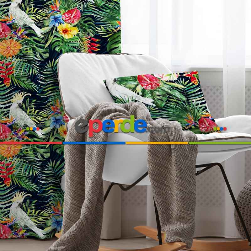 Tropikal Kuşlu Fon Perde Evim1028 Kumaşı Kalındır Duck Bezi Değildir- Mavi-beyaz