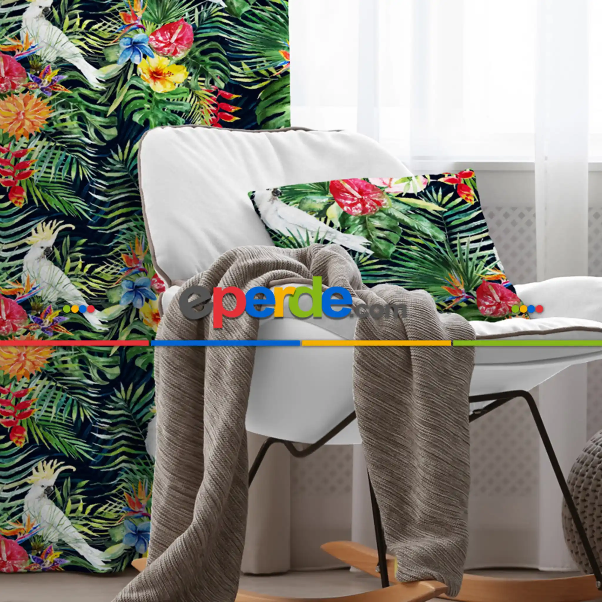 Tropikal Kuşlu Fon Perde Evim1028 Kumaşı Kalındır Duck Bezi Değildir- Mavi-beyaz