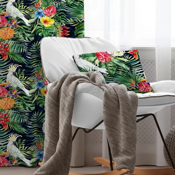 Tropikal Kuşlu Fon Perde Evim1028 Kumaşı Kalındır Duck Bezi Değildir- Mavi-beyaz