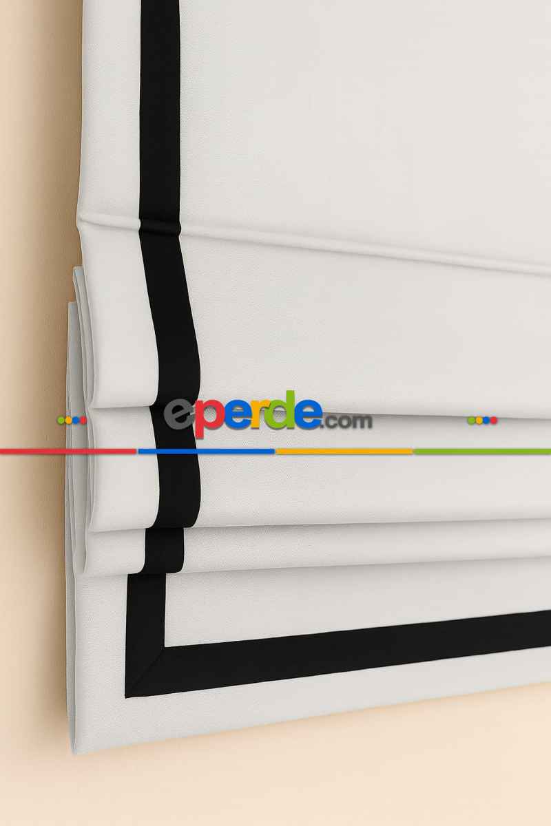 Katlamalı Perde Beyaz Fon Kumaş Siyah Biyeli