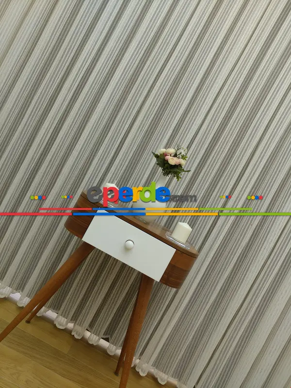 Çizgili Örme Jakarlı Tül Perde Kırık Beyaz