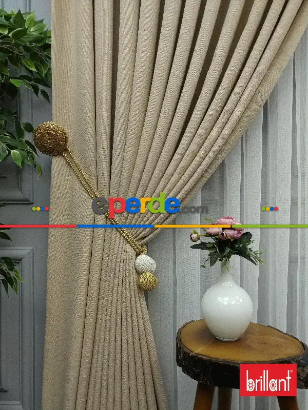 Yatak Odası - Brillant Keten Koyu Krem Renk Düz Fon Perde - Krem Koyu