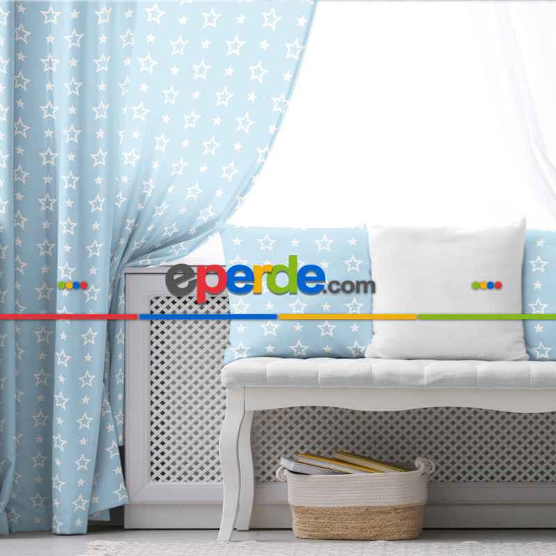 Erkek Çocuk ve Bebek Odası Fon Perde - Yıldız Desenli - Mavi Beyaz