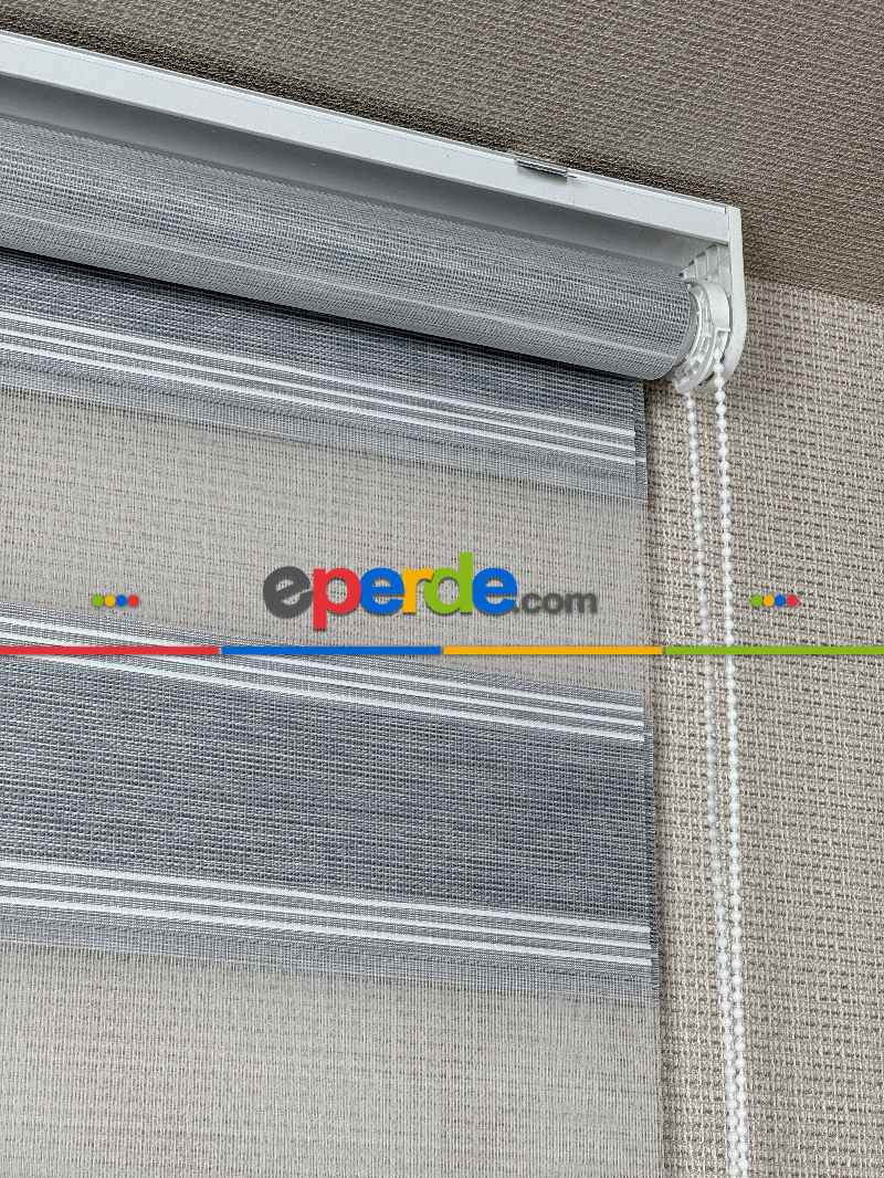 Mutfak Gri Ekru Yarım Pliseli Bambu Zebra Perde, Standart Metal Kasalı Yüksek Kalite Kornişe Kolay Montaj Seçenekli