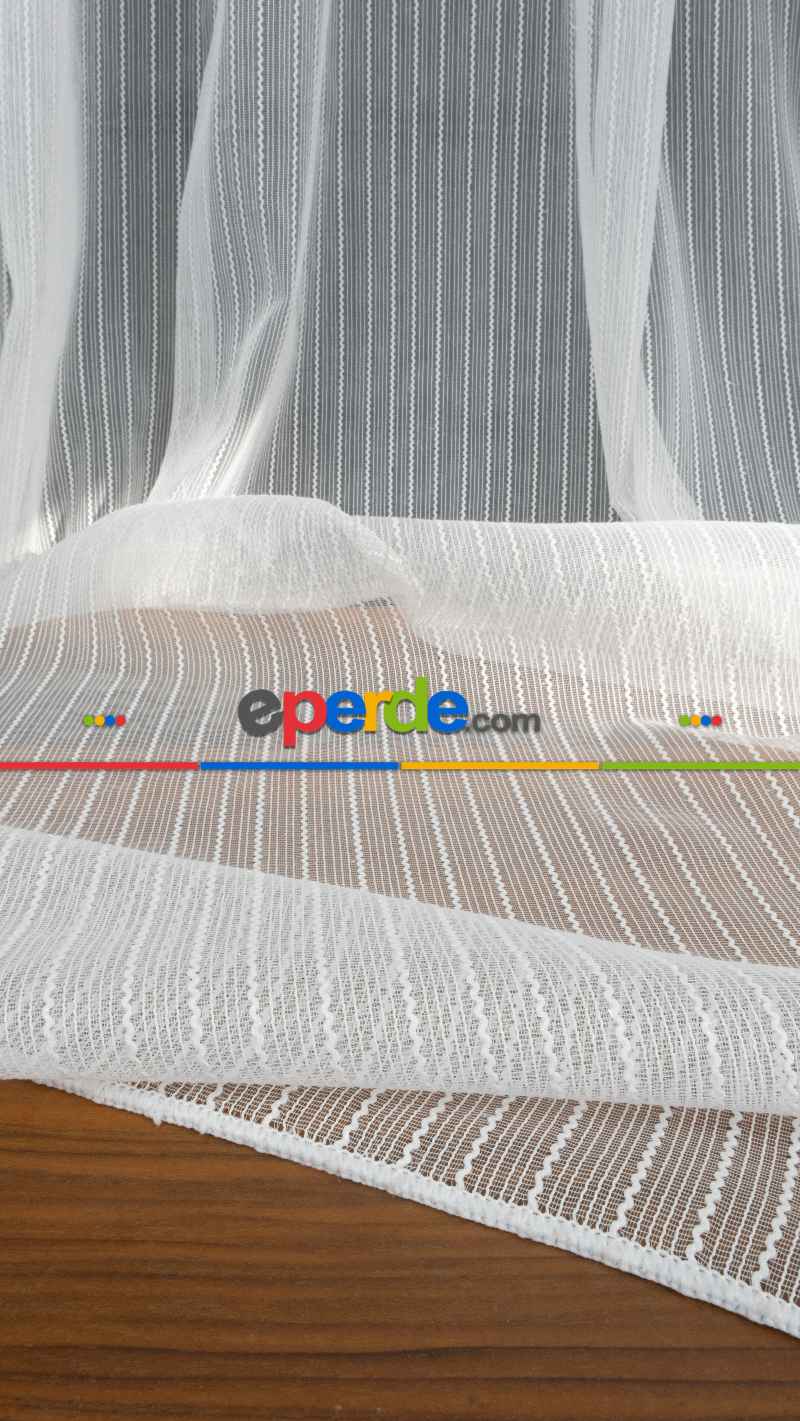 Mutfak - Tek Makarna Boyuna Çizgili Tül Perde Ekru Dolgulu- Ekru