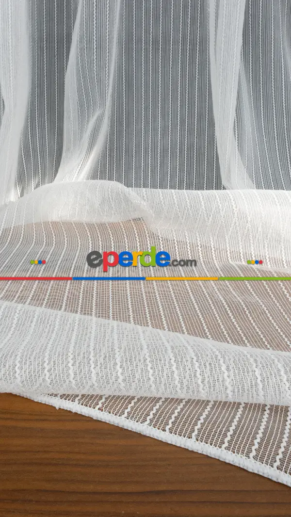 Tek Makarna Boyuna Çizgili Tül Perde Ekru Dolgulu- Ekru - Kurşunlu Tül