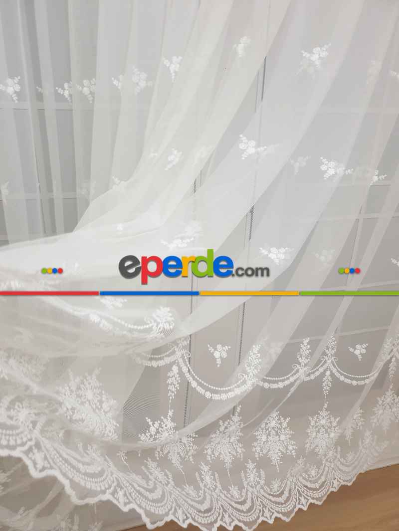 Tül Perde - Nakışlı Tül - Serpme Küçük Çiçek Desen Ütü İstemez