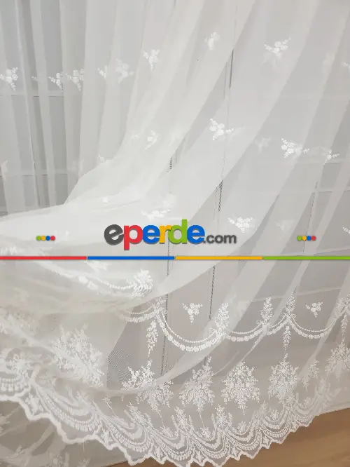 Tül Perde - Nakışlı Tül - Serpme Küçük Çiçek Desen Ütü İstemez