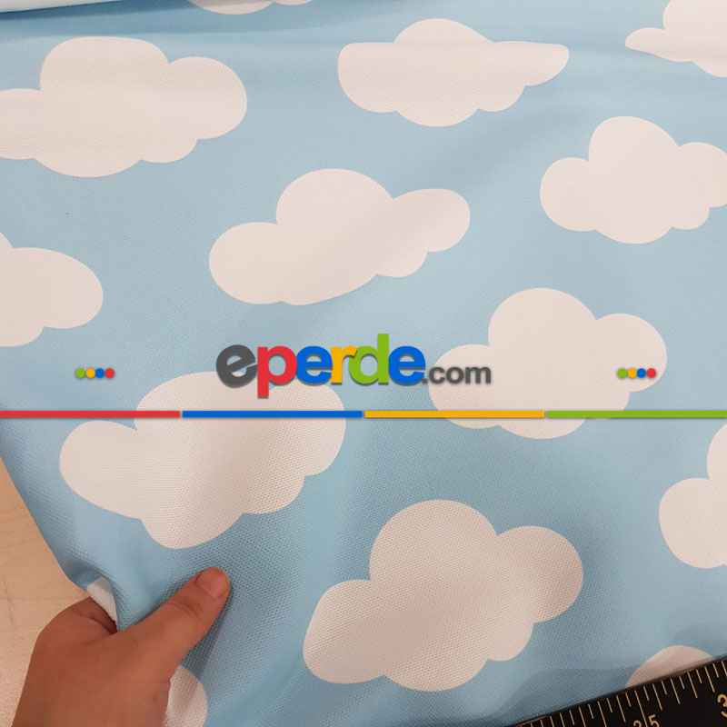 Bulut Desenli Fon Perde Evm484-1 Kumaşı Kalındır Duck Bezi Değildir- Beyaz-Mavi Açık