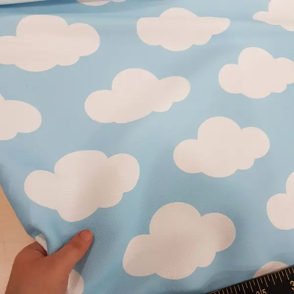 Bulut Desenli Fon Perde Evm484-1 Kumaşı Kalındır Duck Bezi Değildir- Beyaz-Mavi Açık