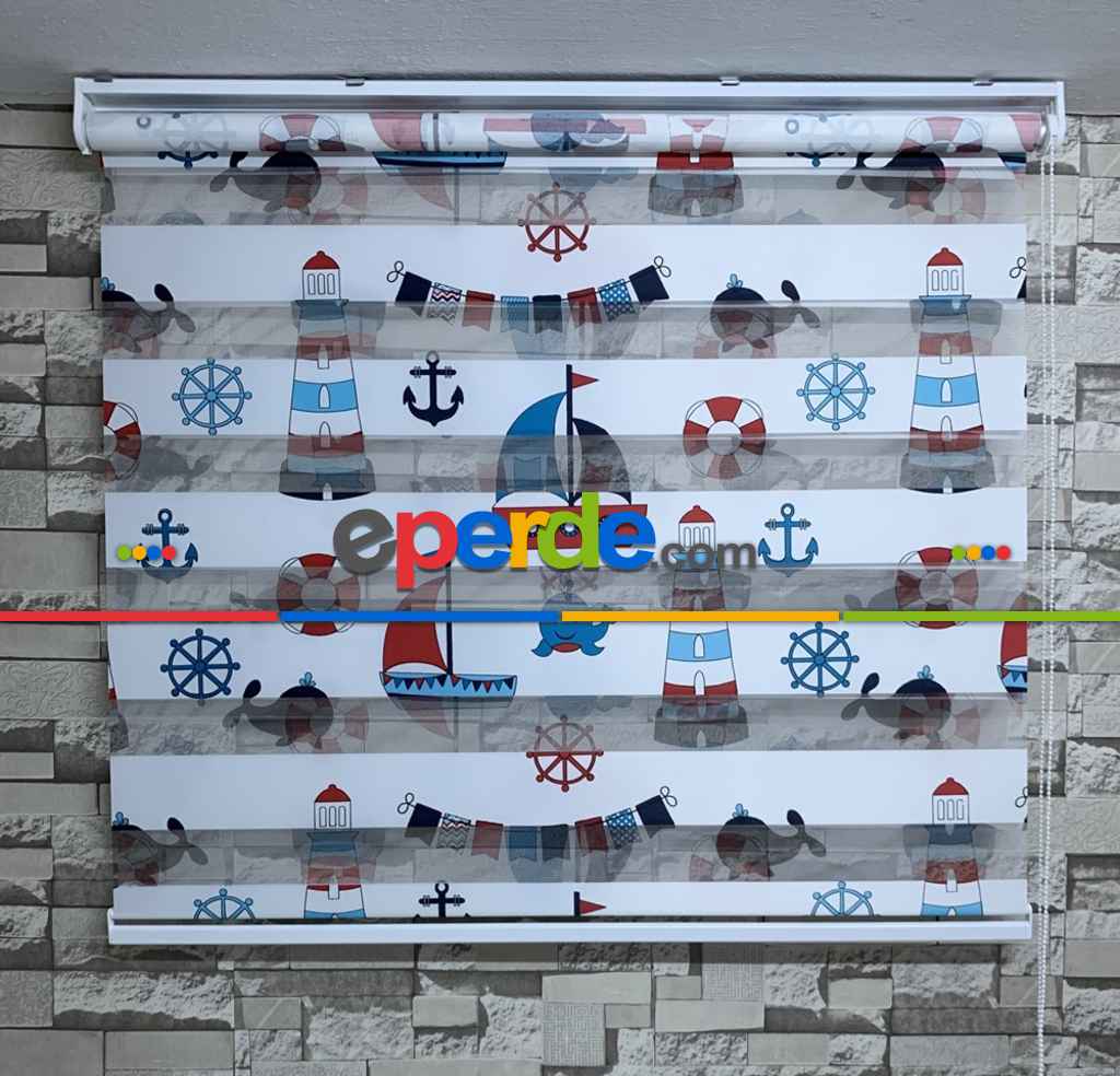 Gemi Baskılı Zebra Perde- Mavi-Kırmızı