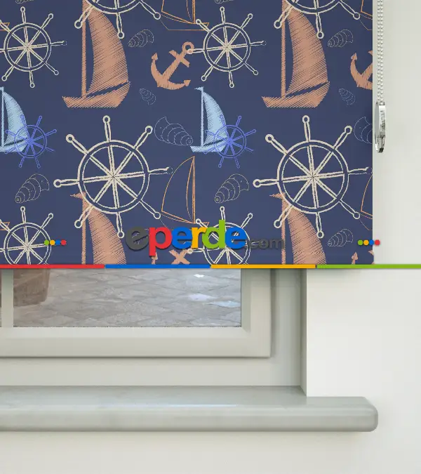 Çocuk Odası Stor Perde - Yelkenli Desenli Baskılı Stor Perde- Çok Renkli