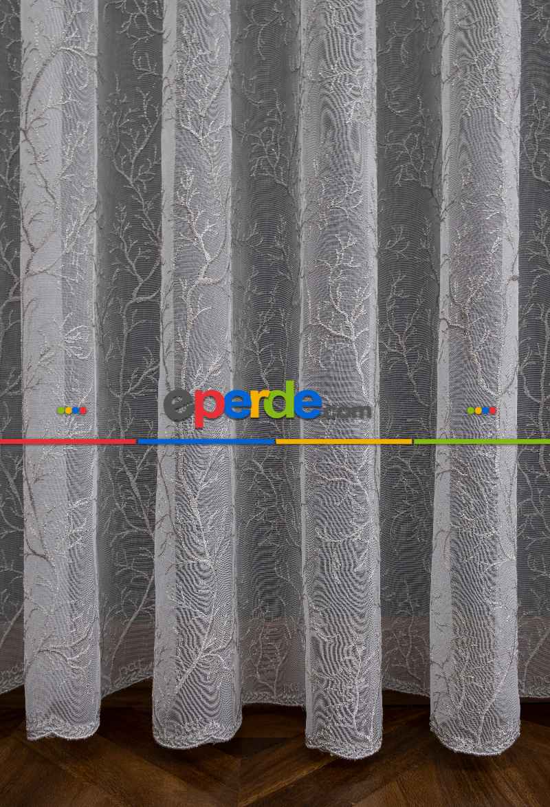 Gri Renk İşlemeli Geniş Etek Desen Selvi Model Ütü İstemez Kırışmaz Tasarım Tül