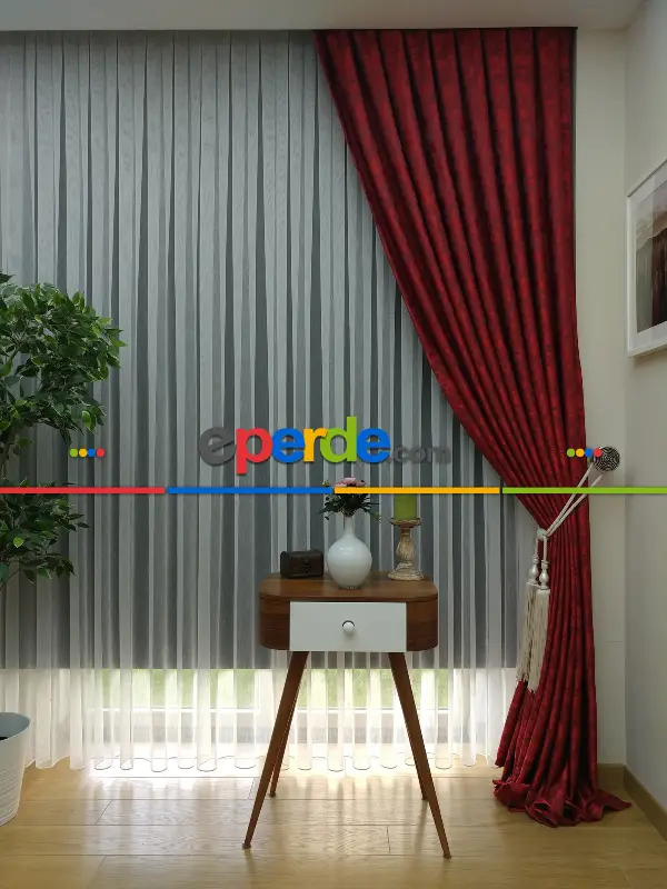 Kırmızı Bordo Renk Jakar Desenli Fon Perde - Bordo