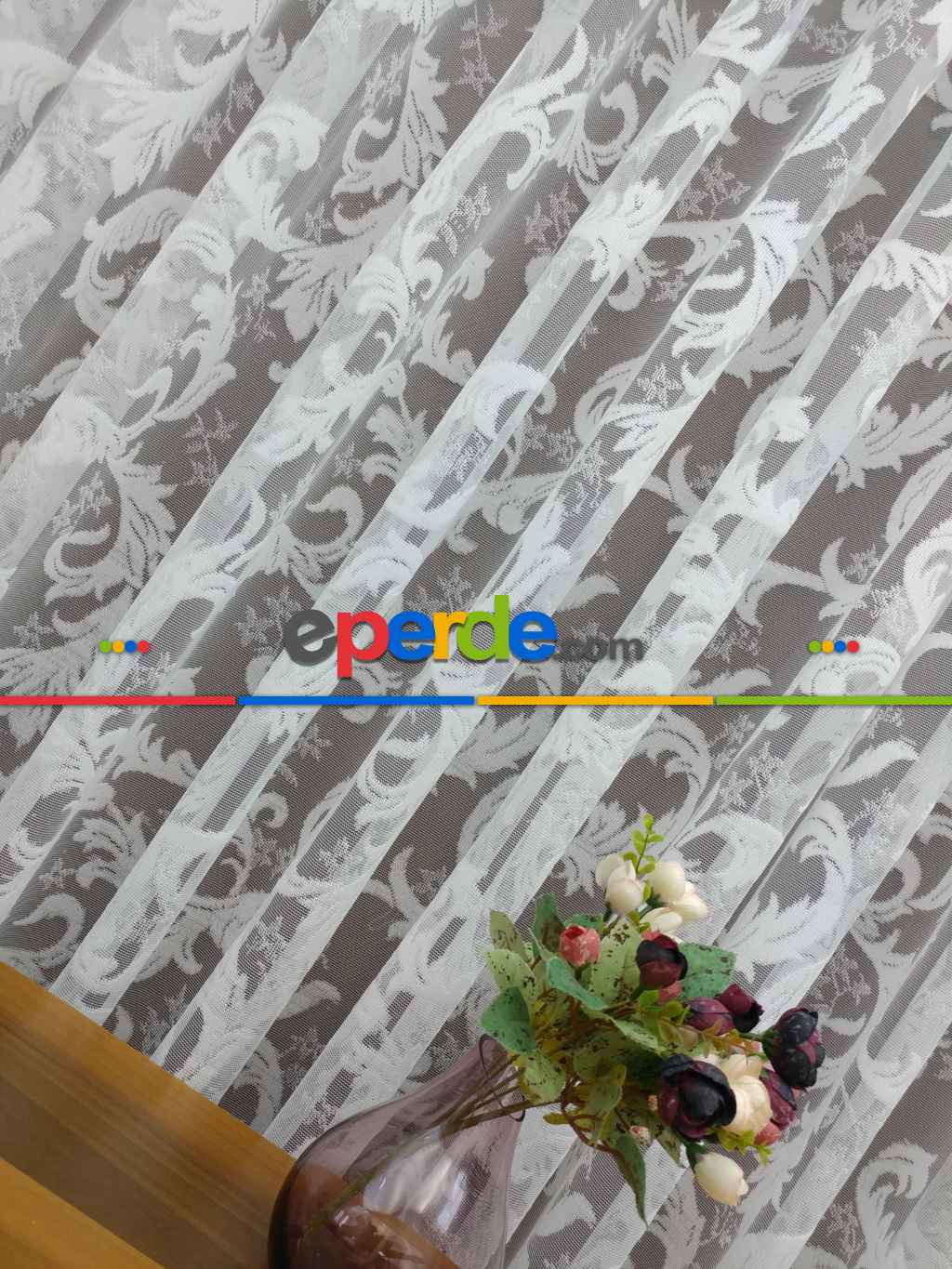 Salon Şal Desenli Örme Kdk Tül Perde- Ekru