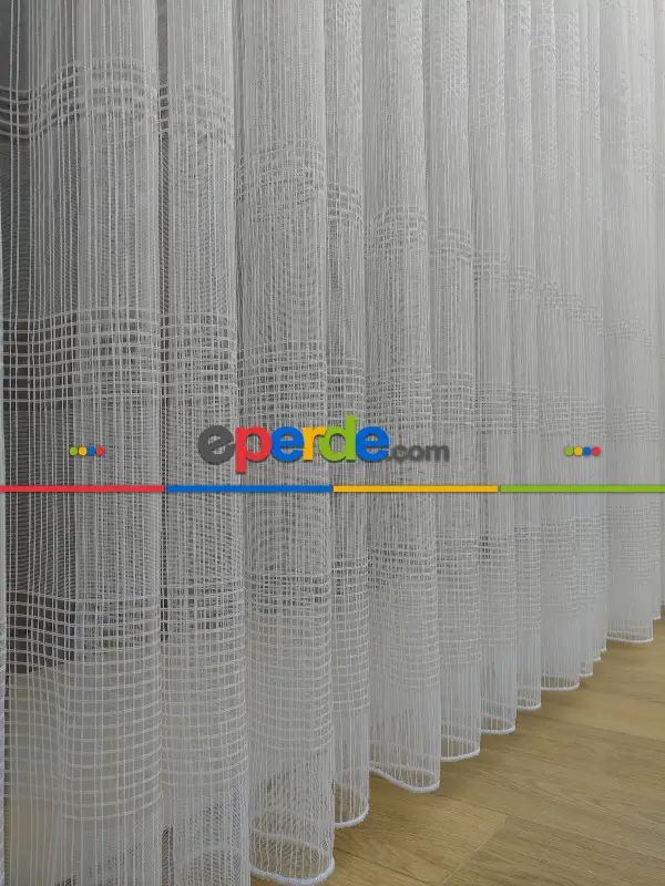 Ekru Zincir Çizgili Tül Perde- Ekru - Kurşunlu Tül