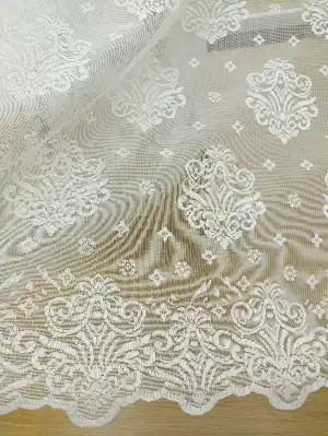 Serpme Damask Desenli Özel Örme Dokulu Tül Perde- Ekru