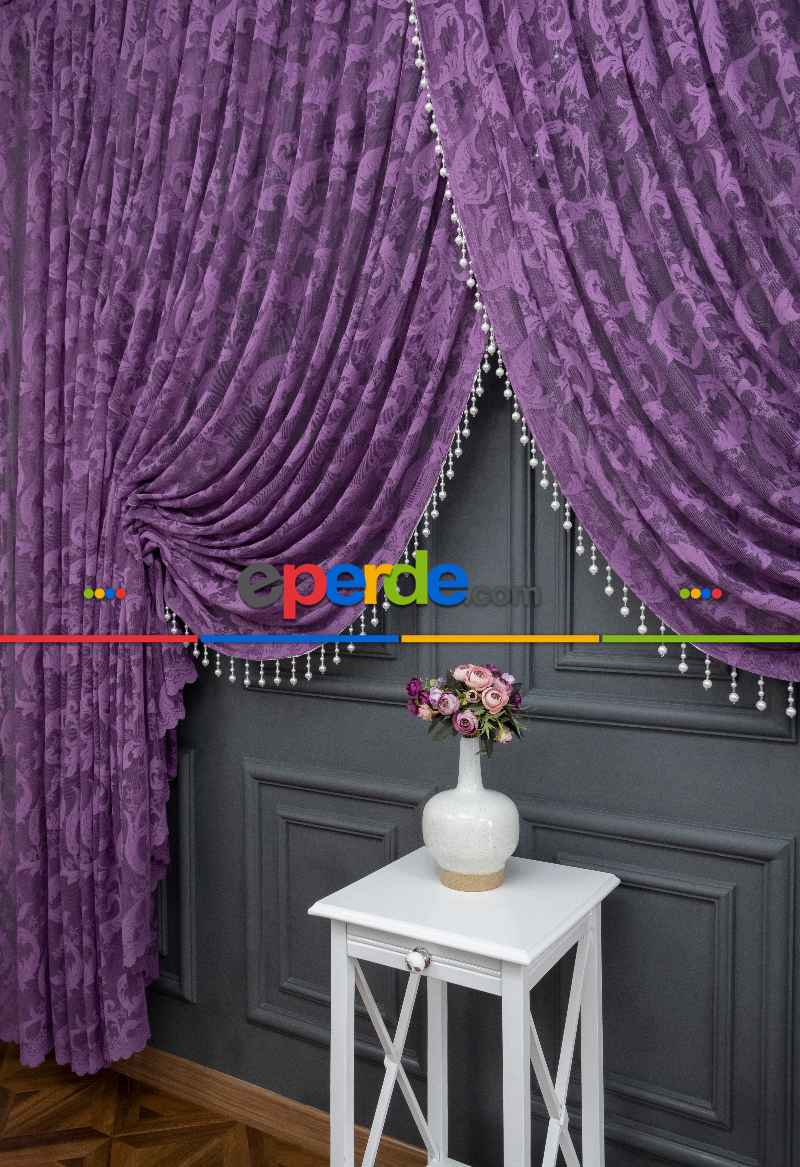 Mor Sarmaşık Desen Tül Kruvaze Şal Tül Perde Yanki Tül - Düz Model Sipariş Seçeneği - Yatak Odası Tül