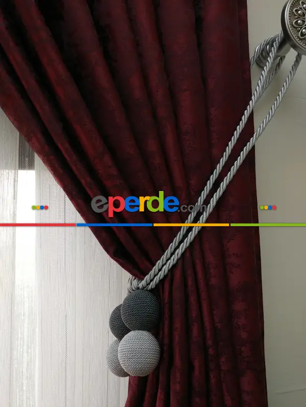 Koyu Bordo Renk Jakar Desenli Fon Perde- Bordo