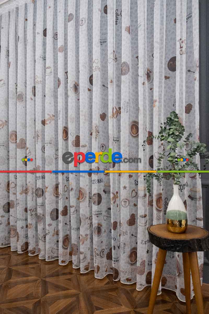 Mutfak Perdesi Kahve Fincan Desenli Tasarım Desen Model Kafe Tül Perdesi - Kurşunlu Tül