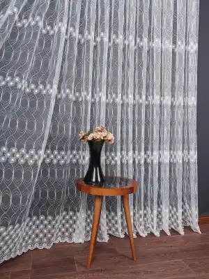 Şeritli Papatya Nakış İşlemeli Brode Tül Perde