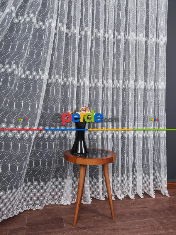 Şeritli Papatya Nakış İşlemeli Brode Tül Perde