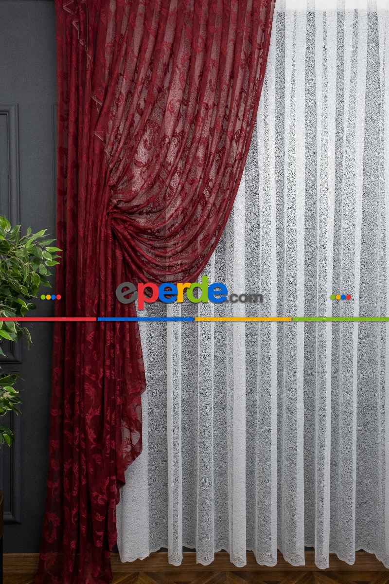 Tül Fon Koyu Renk Bordo Büzgülü Tasarım Fon Perde- Bordo 70cm X 275cm 
