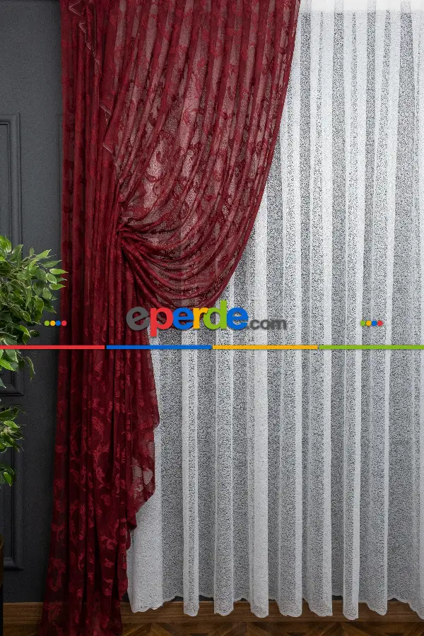 Tül Fon Koyu Renk Bordo Büzgülü Tasarım Fon Perde- Bordo 70cm X 275cm 