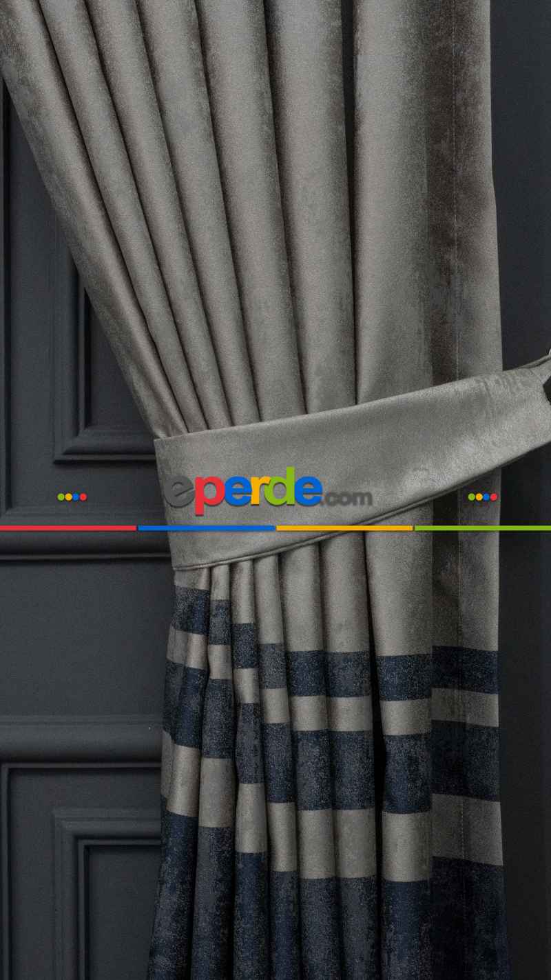 1. Sınıf Jakarlı Pano Fon Perde - Gri Lacivert Bantlı