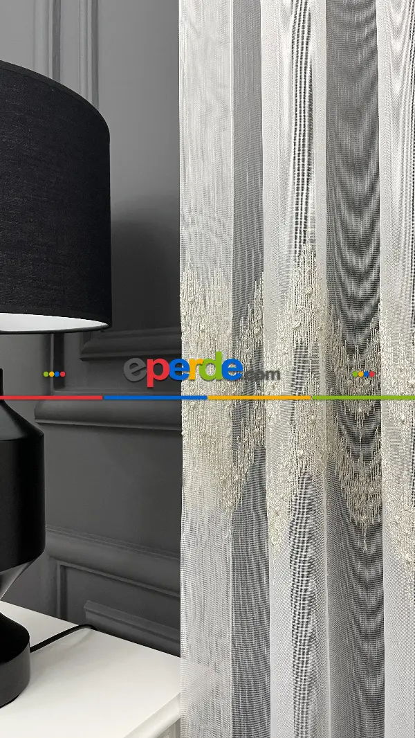 Mutfak Tül Perde - Desenli Tül - Altın Simli Hafif Keten Tül - Etek Ucu Nakışlı Tül Perde -  Salon Tül Perde