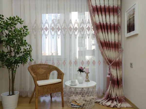 Renk Geçişli Jakar Desenli Salon Fon Perdesi - Pembe - Kiremit - Bej ( Kendinden Saçaklı)- Bej-pembe-kiremit Rengi