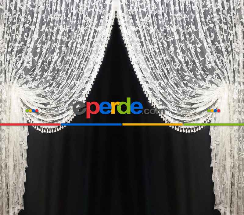 Saçaklı Püsküllü Kruvaze Yanki Tiyatro Tasarım Model Şal Desen- Beyaz-ekru