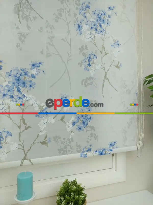 Desenli Mutfak Stor Perde- Mavi