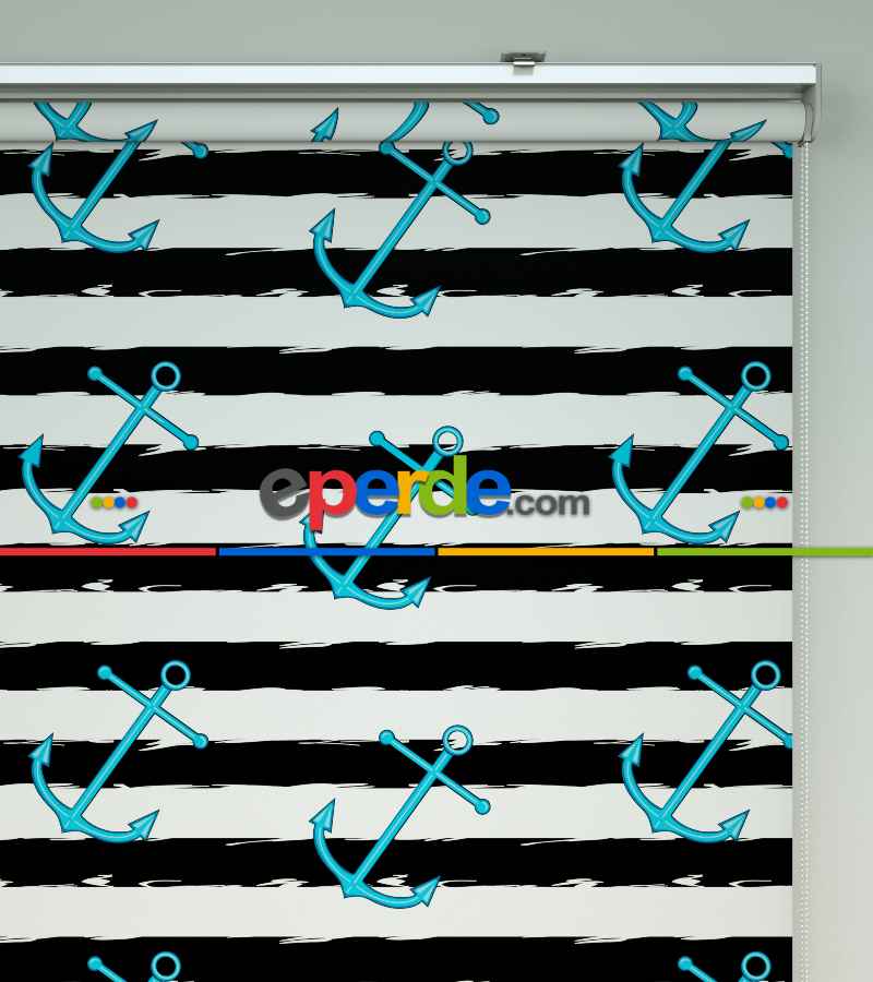 Çapa Desenli Baskılı Stor Perde- Siyah-turkuaz-ekru-çok Renkli