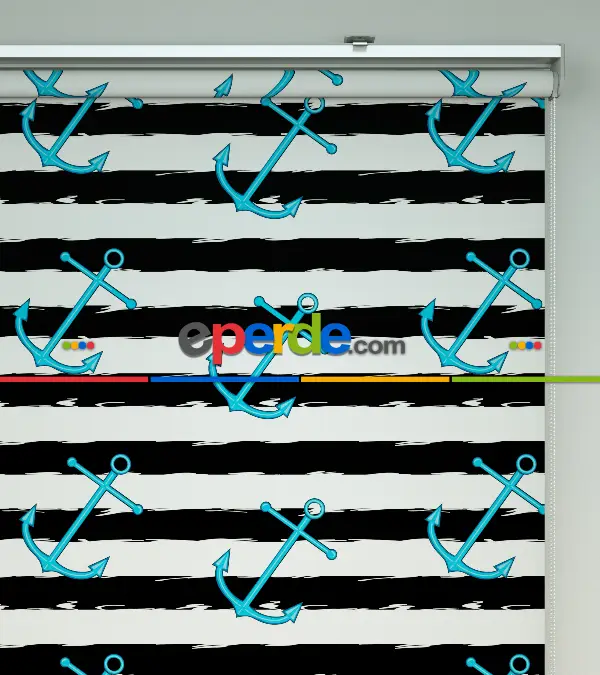 Çocuk Odası Stor Perde - Çapa Desenli Baskılı Stor Perde- Siyah-Turkuaz-Ekru-Çok Renkli