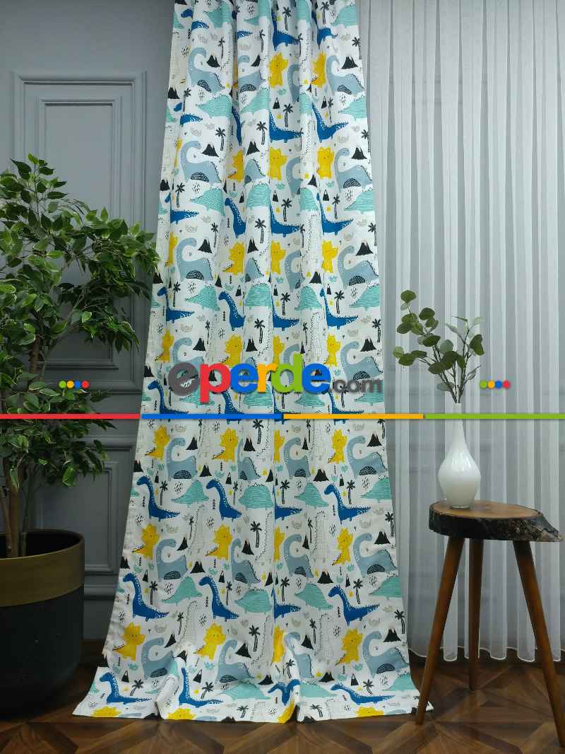 Erkek Çocuk ve Bebek Odası Fon Perde - Dinazor Desenli - Mavi Sarı