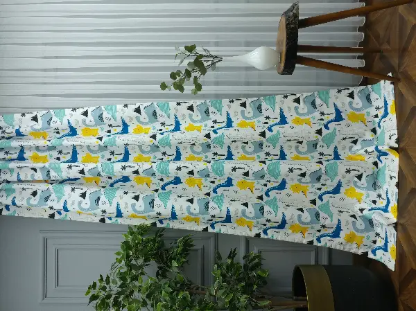 Bebek Odası Fon - Dinazor Desenli Fon Perde Evm499 Kumaşı Kalındır Duck Bezi Değildir- Mavi-Sarı