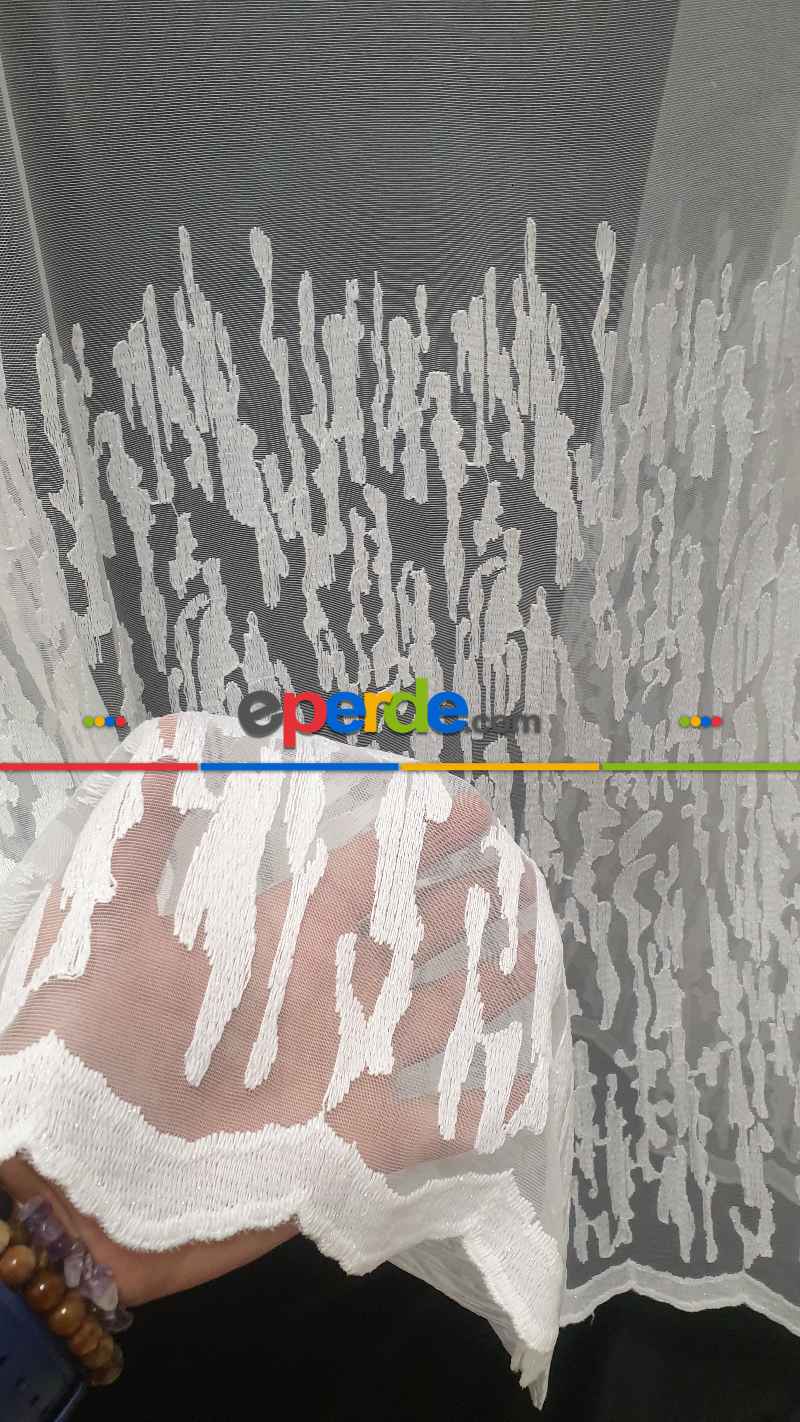 Brillant Tül Perde - Etek Ucu Ağaç Kabuğu Desenli İşlemeli Tül