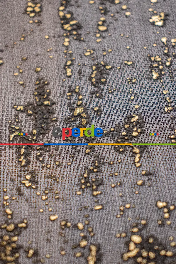 Salon - Altın/gümüş Etek Patine Desenli Tül Perde - Armür Dokuma Keten Efektli Zemin