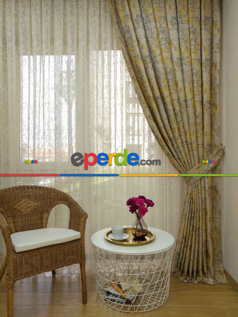 Bej Hardal Desenli Jakar Fon Perde (180)- Hardal Sarısı